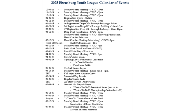 2025 Calendar of Events