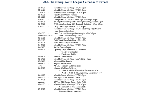 2025 Calendar of Events